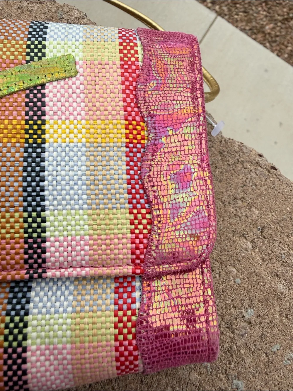 Chi Falchi Woven Plaid Purse w/ Floral Metallic Appliqué NEW